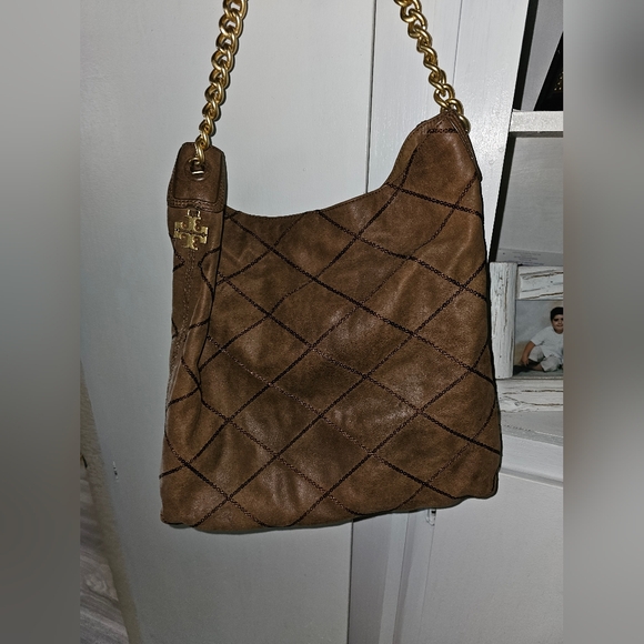 TORY BURCH Beautiful Brown and Gold Leather Shoulder Bag, Gold Toned Accents - Picture 1 of 5